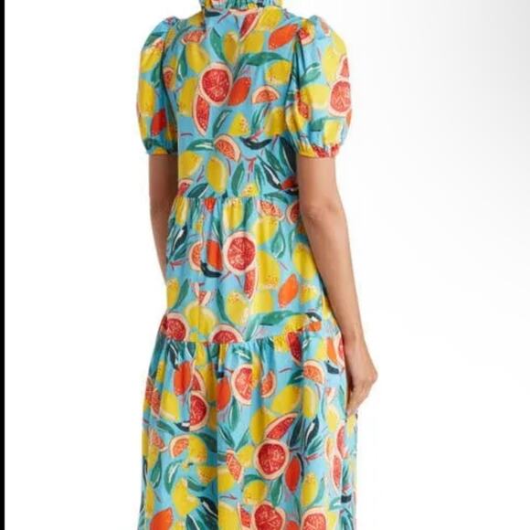 Donna Morgan Colorful Fruit Citrus Lemon Oranges Puff Sleeve MIDI Tier Dress R16 - Picture 2 of 11